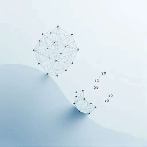 An abstract mathematical illustration representing the downward Löwenheim-Skolem theorem: a large, complex infinite structure (symbolizing an uncountable model) gradually transforming into a smaller, countable substructure, with logical symbols like ∀, ∃, ⊆, and ℵ₀ subtly embedded in the background; soft gradients of blue and gray, minimalist geometric forms, no text or numbers visible, evoking depth and logical reduction