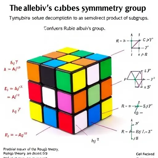 A visual representation of the algebraic structure of the Rubik's Cube symmetry group, showcasing its decomposition into a semidirect product of subgroups. The image should include a Rubik's Cube in its solved state, with different colored faces, and abstract mathematical symbols or diagrams around it to represent the group theory concepts. The focus should be on the symmetry and the mathematical structure rather than the physical manipulation of the cube.