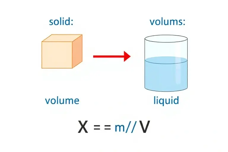 A clear, educational illustration showing a solid block and a liquid in separate containers, with arrows indicating mass and volume measurements, and a formula for density (ρ = m/V) displayed visually without text labels, in a scientific and clean style