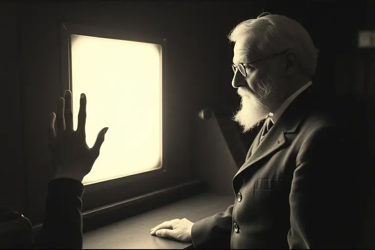 Wilhelm Conrad Röntgen in his laboratory, quietly observing a glowing cathode ray tube with a hand placed near it, casting a faint shadow of bones on a photographic plate, dim historical lighting, 19th-century scientific atmosphere, no text, no labels, no modern elements