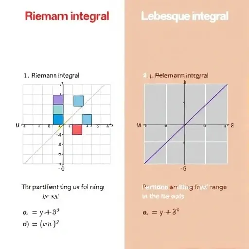 A visual comparison of Riemann and Lebesgue integrals. The image should be split into two distinct sections. The left section depicts the Riemann integral with a function plotted on a graph, showing the area under the curve approximated by rectangles. The right section depicts the Lebesgue integral with a similar function, but the area is represented by partitioning the function's range instead of the x-axis. Use color coding to differentiate the two approaches.
