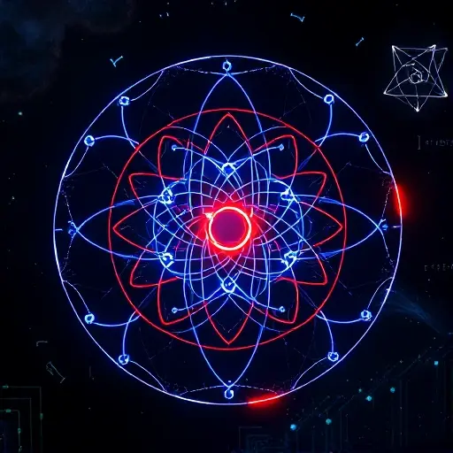 A conceptual scientific visualization of molecular orbital symmetry. Abstract representation of complex 3D electron density clouds (orbitals) with alternating colors (blue and red) to show phase, arranged in a symmetrical geometric pattern. In the background, subtle mathematical group theory symbols and crystalline lattice structures floating in a dark, deep-space void with glowing neon accents, cinematic lighting, high detail, quantum physics aesthetic.