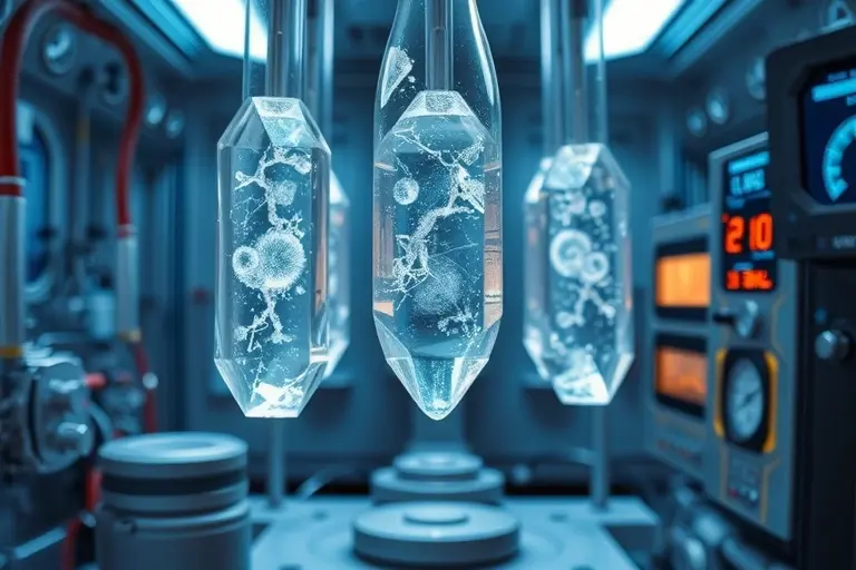 A futuristic laboratory scene showing glowing time crystals suspended in a vacuum chamber at room temperature (20°C), with subtle quantum lattice patterns visible inside the crystals, soft blue and silver lighting, high-tech equipment in the background, scientific instruments monitoring stability, no text or labels, photorealistic style with cinematic depth