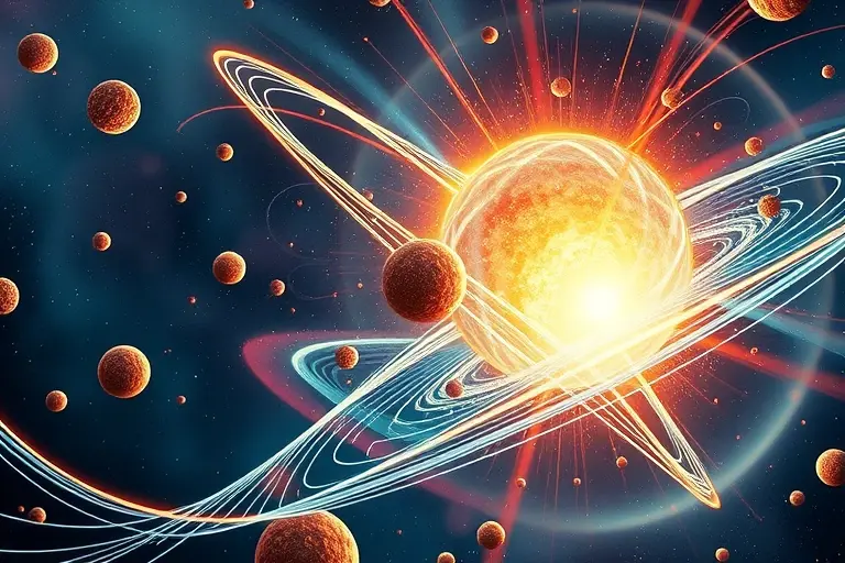 A surreal scientific illustration showing the birth of matter from nothingness, featuring a glowing quantum vacuum with swirling energy fields, abstract particles emerging, and symbolic representations of theoretical physics concepts, all rendered in a high-quality, detailed style