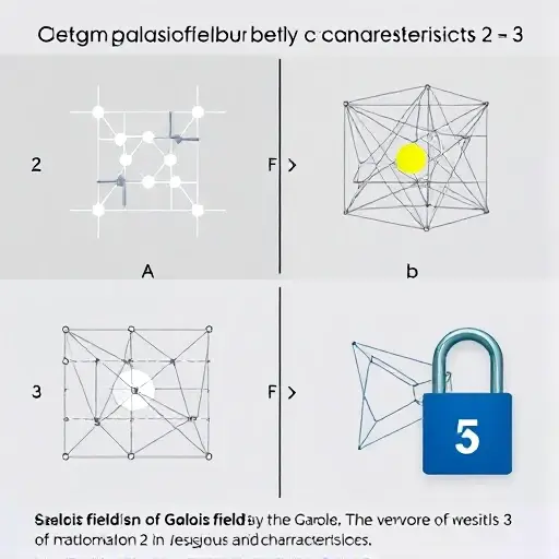 A visual representation of the comparison between Galois fields of characteristics 2 and 3, focusing on their cryptographic applications. The image should depict abstract mathematical structures, such as grids or networks, to symbolize the fields. Use geometric shapes and patterns to differentiate between the two characteristics, with one set of shapes representing characteristic 2 and another set representing characteristic 3. Include elements that suggest security and encryption, such as locks