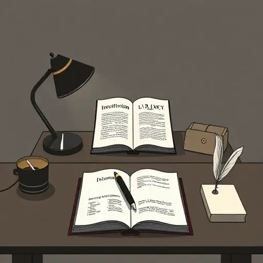 A minimalist illustration of a philosopher's desk with a single open book titled 'Intuitionism' by L.E.J. Brouwer, a quill pen, and a small lamp. The scene should evoke a sense of deep contemplation and intellectual pursuit.