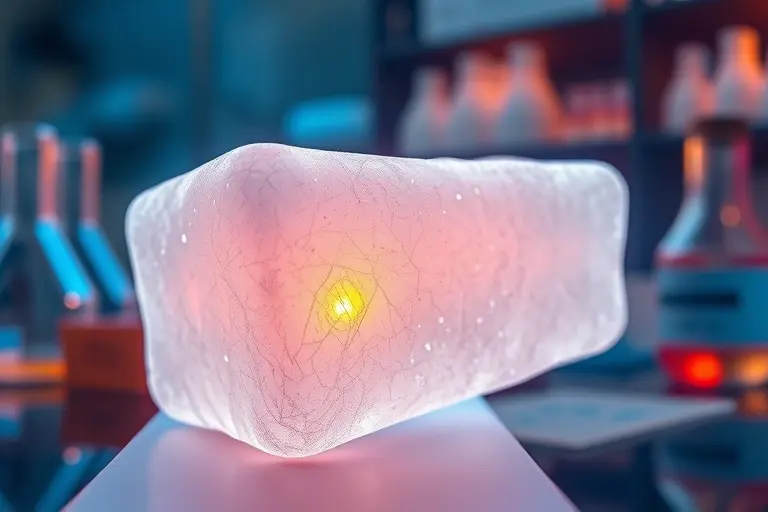 A close-up, high-detail illustration of fire-resistant aerogel material, showing its lightweight, porous, translucent structure with a subtle glow indicating heat resistance, placed in a scientific lab environment with subtle background elements like test tubes and equipment, emphasizing its advanced properties and applications without any text or human figures
