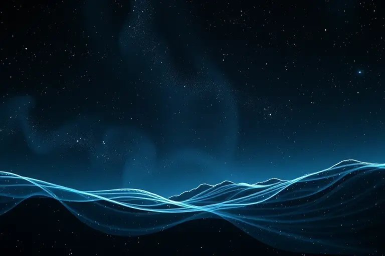 A cosmic scene depicting the universe's gravitational waves as ripples in space-time, with a focus on low-frequency waves. The image should show a vast, dark cosmic background filled with distant galaxies and stars, with subtle, glowing wave patterns representing the gravitational waves. The waves should be faint and ethereal, suggesting their elusive nature. The overall composition should evoke a sense of the vastness and mystery of the universe.