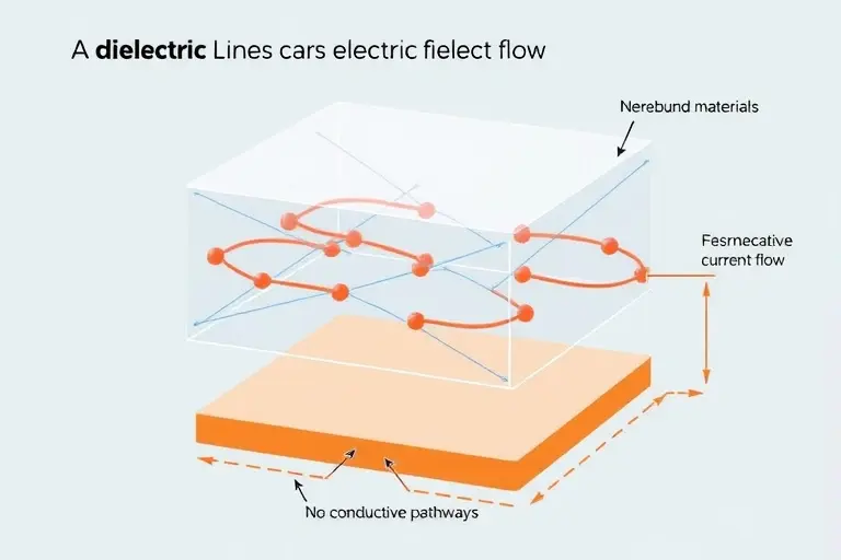 A clear, detailed scientific illustration of a dielectric material in physics and electrodynamics, showing atomic structure with bound charges, electric field lines penetrating the material without current flow, and no conductive pathways, presented in a clean laboratory-style diagram with no text or labels