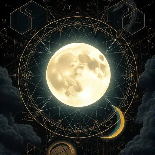 A surreal and abstract representation of the theoretical phenomenon of Monstrous Moonshine, featuring intricate geometric patterns and modular functions. The image should depict a glowing, ethereal moon surrounded by complex mathematical symbols and shapes, representing the analysis of modular functions and coefficients of the j-invariant. The overall atmosphere should be mystical and otherworldly, with a focus on the interplay between mathematics and the supernatural.