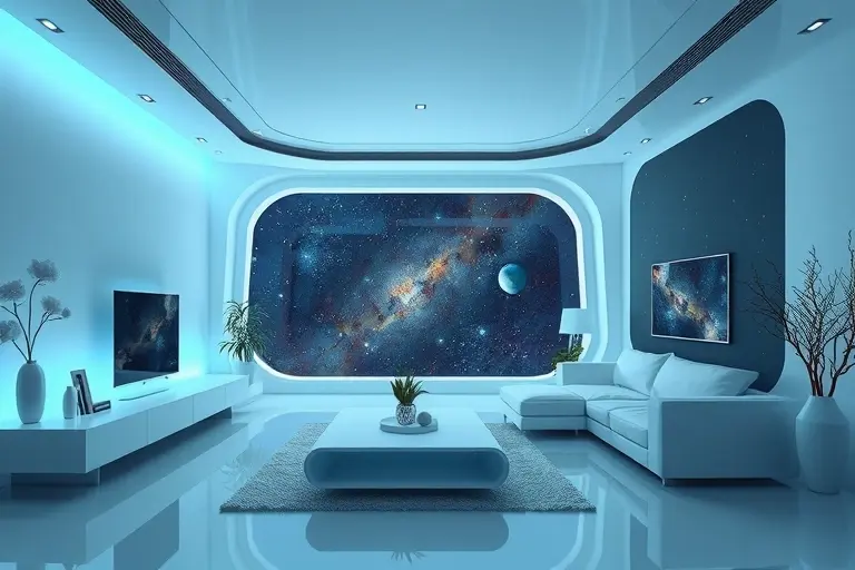 A futuristic, serene interior of a space-inspired apartment cooled by advanced thermal technology, with soft blue ambient lighting, sleek modern furniture, and a large window showing a starry cosmic sky outside, evoking a sense of calm and coolness during extreme heat