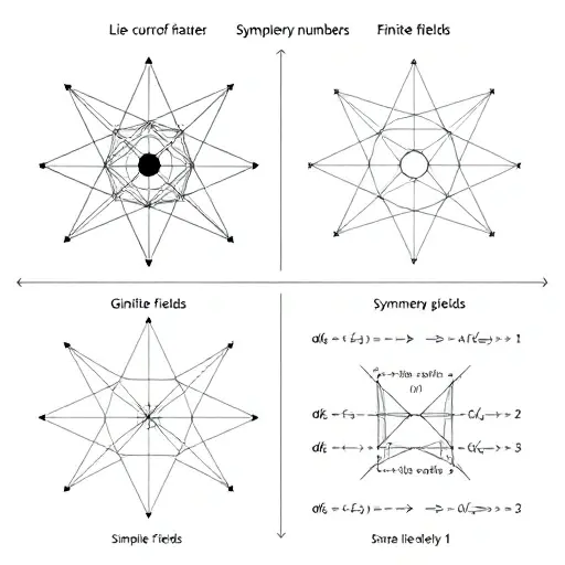 An abstract mathematical visualization representing the comparison of simple Lie algebras over complex numbers and finite fields, featuring elegant geometric structures, symmetry groups, and algebraic diagrams in a clean, high-quality artistic style without any text or numbers