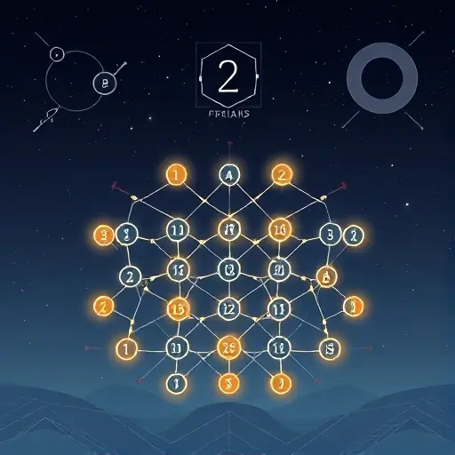 A symbolic representation of Artin's hypothesis and primitive roots modulo a prime number, featuring a stylized prime number lattice with glowing paths representing cyclic generators, abstract mathematical symbols floating in the background, and a serene cosmic atmosphere with subtle geometric patterns, all in a minimalist scientific illustration style