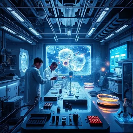A futuristic laboratory setting with scientists working on advanced gadgets that appear to defy the laws of physics. The gadgets should incorporate elements of quantum mechanics, such as particles with fractional charges, depicted through abstract, glowing, and ethereal visual effects. The scene should include intricate scientific equipment, holographic displays, and a sense of cutting-edge technology.