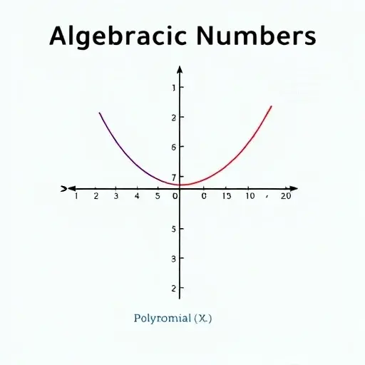 A visual representation of algebraic numbers as roots of polynomials with integer coefficients. The image should depict a graph with polynomial curves intersecting the x-axis at specific points, symbolizing the roots. Use simple, clear lines and minimalistic colors to highlight the key concept. Include a small, abstract illustration of a polynomial equation in the background to reinforce the mathematical context.