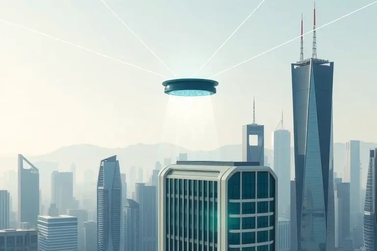 A futuristic depiction of wireless power transfer. Show a sleek, modern cityscape with a central energy receiver floating above a building. Energy beams are visibly transmitting power wirelessly to the receiver. Include subtle glowing effects to indicate energy flow. Focus on clean lines and a sense of technological advancement.