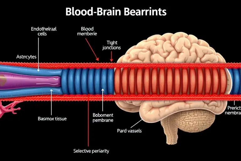A detailed scientific illustration of the blood-brain barrier showing endothelial cells with tight junctions, astrocytes, pericytes, and basement membrane, with blood vessels on one side and brain tissue on the other, highlighting selective permeability, in a clean, high-resolution medical diagram style