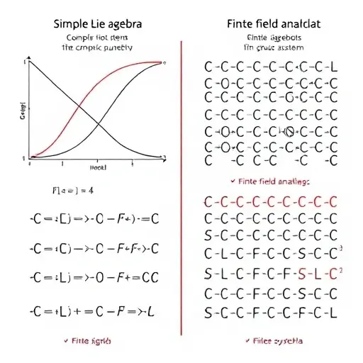 A symbolic comparison of simple Lie algebras over the complex numbers and finite fields, visualized as two interconnected algebraic structures: one side shows a complex Lie algebra with continuous root systems depicted as smooth, flowing curves in a plane with symmetry under Weyl group action, labeled with complex roots and Cartan subalgebra; the other side shows a finite field analog with discrete, lattice-like root systems arranged in a finite grid, highlighting torsion and modular constraints