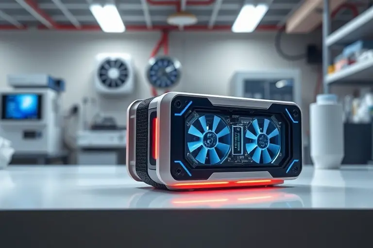 A high-tech laboratory setting showcasing a futuristic electronic device with a boron arsenide cooling system. The device should have a sleek, modern design with visible cooling components made of boron arsenide. The background should include scientific equipment and a clean, organized workspace to emphasize the advanced technology and innovation.