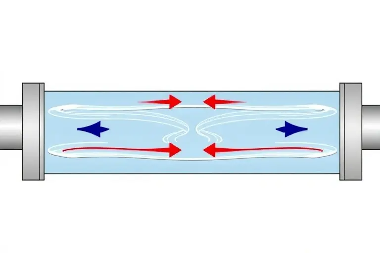 A detailed technical illustration of a counter-current heat exchanger showing two fluid streams flowing in opposite directions through parallel channels, with heat transfer represented by thermal gradients and arrows indicating energy flow, no text or labels, clean engineering diagram style