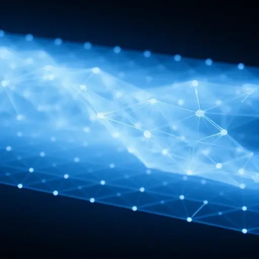 An abstract mathematical visualization representing the Eberlein-Šmulian theorem and weak topology in Banach spaces: a semi-transparent, infinite-dimensional Hilbert space lattice with converging sequences highlighted in soft blue light, symbolizing weak sequential compactness; faint overlay of functional analysis symbols (like integral signs, norm brackets, and dual space notation) subtly embedded in the background, evoking deep theoretical insight without literal text or digits; minimalist, hi