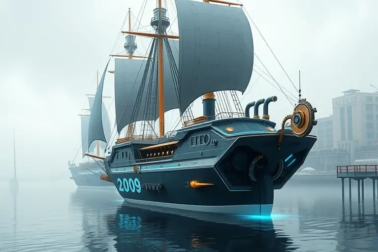 A futuristic steamship from the year 2009, blending Victorian-era design with advanced technology. The ship should have a sleek, metallic hull with intricate steam pipes and gears visible on the exterior. The sails are replaced with large, glowing energy panels. The ship is floating slightly above the water, defying gravity, with a faint blue glow emanating from its base. The background features a serene, misty harbor with a mix of modern and historical buildings.