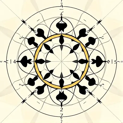 An abstract illustration of the concept of ideal theory in ring theory and algebraic numbers. The image should depict a complex geometric pattern with interconnected rings and algebraic symbols, representing the relationships and structures within the theory. The composition should be symmetrical and visually balanced, with a focus on the interplay between different mathematical elements.
