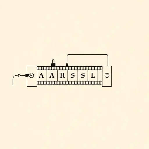 A minimalist black-and-white schematic illustration of a Turing machine tape with symbols, a head moving along it, and abstract representation of computation flow, emphasizing theoretical concepts of computability and the halting problem, rendered in a clean, educational style suitable for a smallHQ aesthetic