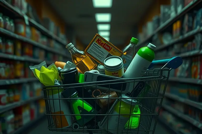A dramatic, slightly desaturated image depicting a cluttered shopping cart overflowing with various consumer goods – food, electronics, household items – with subtle, glowing green and yellow radiation effects emanating from some of the items. The background should be a dimly lit, slightly abandoned store aisle. Focus on the visual representation of consumerism juxtaposed with the unseen danger of radiation.