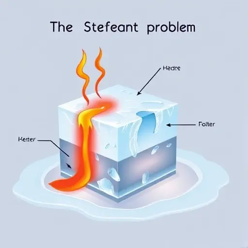 A stylized illustration depicting the Stefan problem. Show a block of ice with heat flowing out of it into a surrounding liquid (water). Include visual representations of temperature gradients and heat flux. The ice block should be partially melted, with water forming at the interface. Use subtle color gradients to indicate temperature differences. Focus on conveying the concept of heat transfer and melting.
