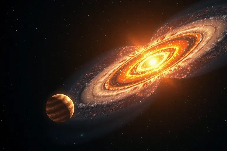 A high-quality scientific illustration showing a young orphan star being lensed by a massive galaxy cluster, with visible light bending around the cluster and revealing distant rogue planets drifting through space, set against a deep starry background, emphasizing gravitational lensing effects and cosmic scale