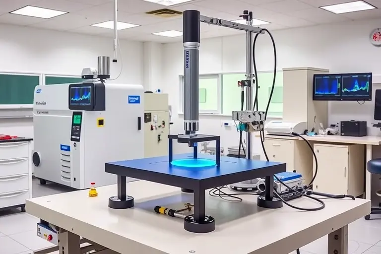 A high-precision experimental setup for measuring spatial properties in two-dimensional systems, featuring advanced laboratory instruments such as cryogenic chambers, laser interferometers, and precision sensors on a stable optical table, with subtle scientific data visualizations in the background, all rendered in a clean, realistic laboratory environment