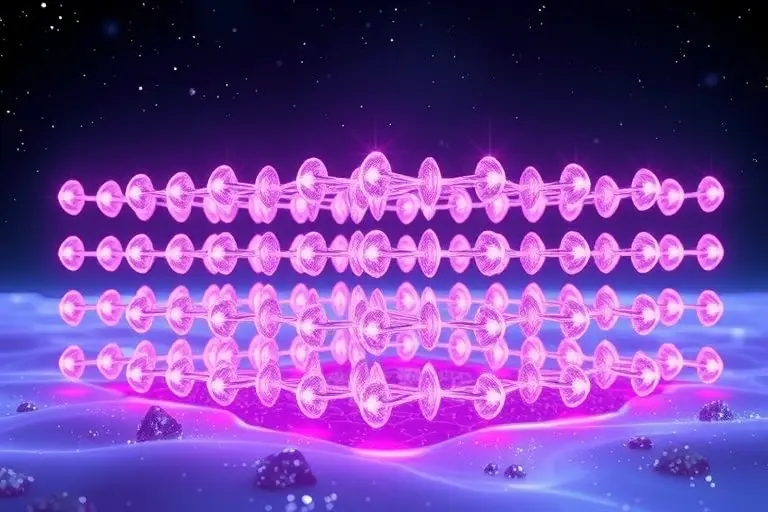 A futuristic scientific illustration depicting time crystals: a glowing, repeating lattice structure in 3D space with atoms or ions arranged in a periodic pattern that oscillates in time, showing discrete time-translation symmetry breaking; subtle quantum wavefunctions and faint clock-like rhythms emanating from the lattice, set against a dark cosmic background with soft neon blue and purple hues, emphasizing quantum coherence and non-equilibrium physics; no text, no labels, no digits, no writte