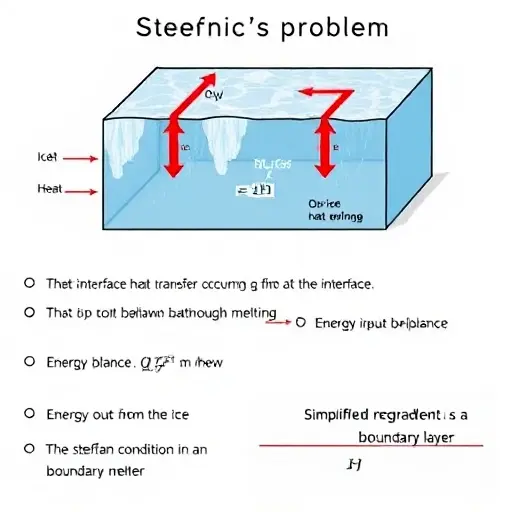 A visual representation of Stefan's problem, depicting the interface between ice and water. Show heat transfer occurring at the interface, with arrows indicating the direction of heat flow. Illustrate the energy balance at the interface, showing energy input from the surroundings and energy output from the ice through melting. Include a simplified representation of the Stefan condition, perhaps as a gradient or a boundary layer.
