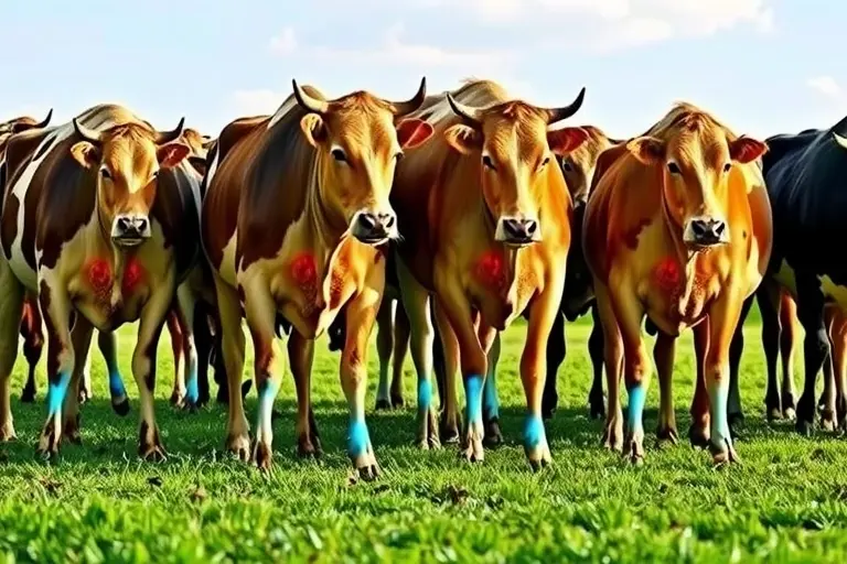 A herd of cows grazing in a field, with subtle glowing effects emanating from their udders and legs, suggesting a radioactive element. The cows are healthy-looking but with an unusual, slightly metallic sheen. The background is a serene, green pasture under a clear sky.