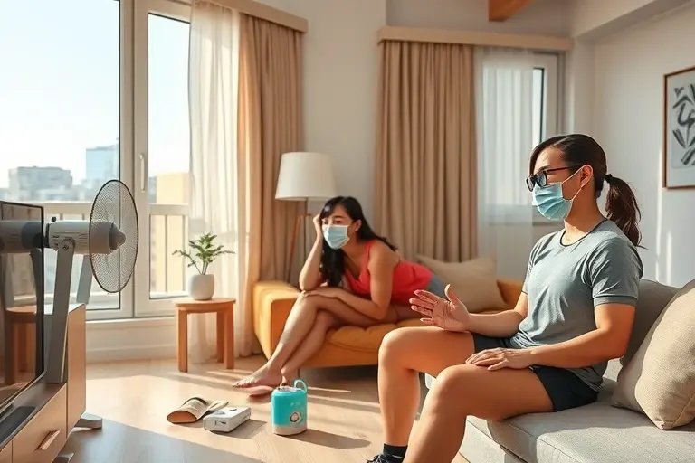 A modern apartment interior during extreme heat, with people using sports-inspired cooling methods like wearing moisture-wicking sportswear, using portable fans, and placing ice packs on pulse points, while keeping windows closed and curtains drawn to block sunlight, all in a clean, minimalist design