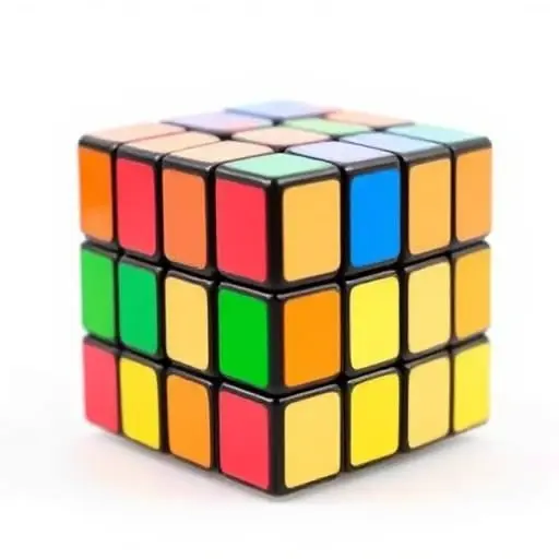 A Rubik's Cube in its solved state, showcasing its symmetrical structure with each face displaying a single color. The cube should be depicted in a clean, minimalistic style with a focus on the geometric precision and symmetry of the cube. The background should be simple and uncluttered to emphasize the cube's structure.