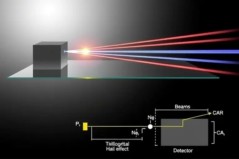 A scientific illustration depicting the optical Hall effect in a semiconductor material. Show a thin film of semiconductor material placed in a magnetic field perpendicular to the direction of light propagation. The light beam should be shown entering the material and then splitting into two beams with different polarizations due to the Hall effect. Include a schematic representation of the experimental setup with the magnetic field, light source, and detector. The image should emphasize the cha