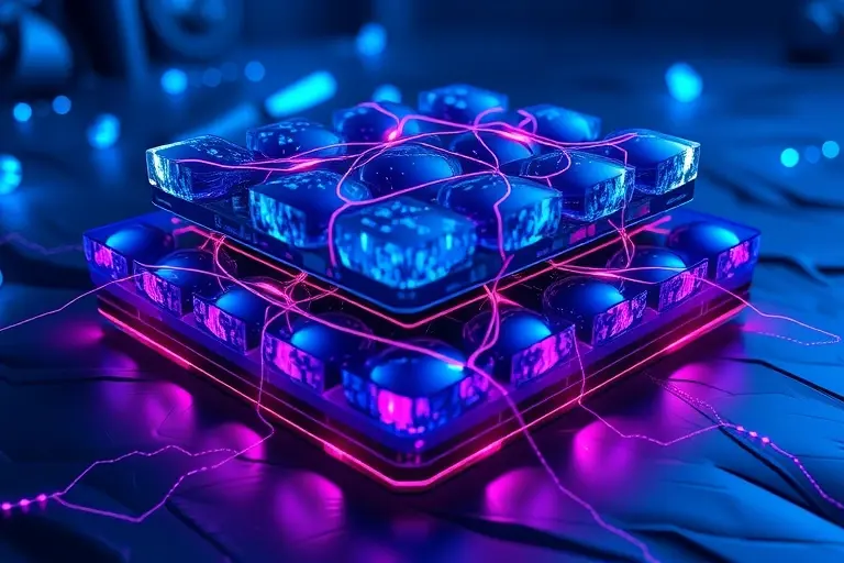 A visually striking abstract representation of an excitonic insulator, featuring layered crystalline structures with glowing quantum wavefunctions, topological edge states depicted as luminous currents flowing along boundaries, and a subtle background of a Brillouin zone with non-trivial band inversion, all rendered in a futuristic, scientific visualization style with deep blues, electric cyan, and soft violet highlights, emphasizing quantum coherence and topological protection