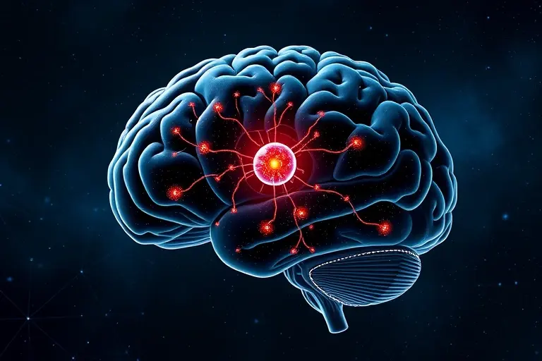 A high-quality scientific illustration showing a brain-shaped galaxy cluster with glowing dark matter filaments connecting to a central amygdala-shaped region, symbolizing the Amygdala Effect in dark matter research, rendered in the style of modern astrophysical visualization with deep space colors and subtle neural network patterns