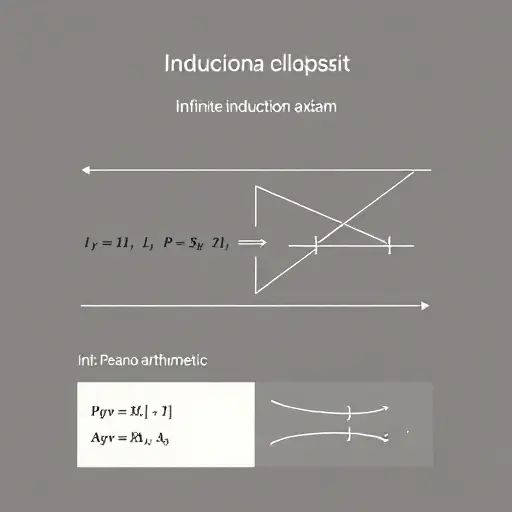 A minimalist illustration of a formal logical system showing an infinite induction axiom scheme, with a simple Peano arithmetic diagram and a clear visual representation of the principle of mathematical induction, rendered in a clean, educational style