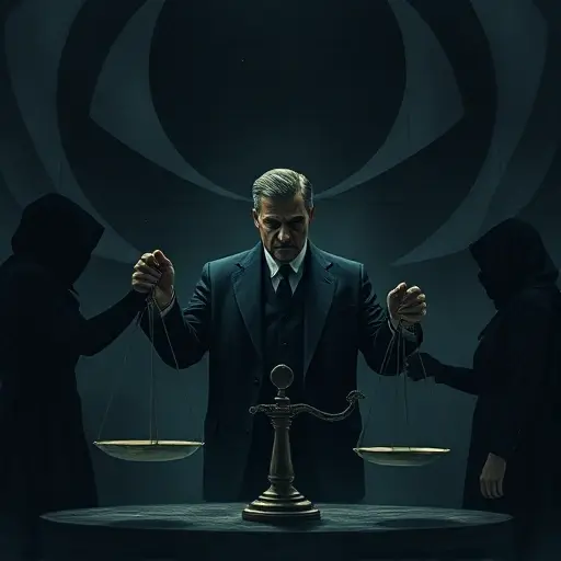 A dramatic scene representing the paradox of a mafia boss in deontological logic, illustrating a normative contradiction, with symbolic elements like scales of justice, shadowy figures, and abstract geometric shapes, rendered in a dark, moody atmosphere