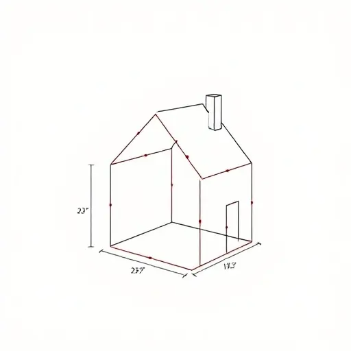 A minimalist mathematical illustration showing a fractal-like house-shaped structure with labeled dimensions, subtle grid lines, and abstract topological symbols, rendered in a clean scientific style