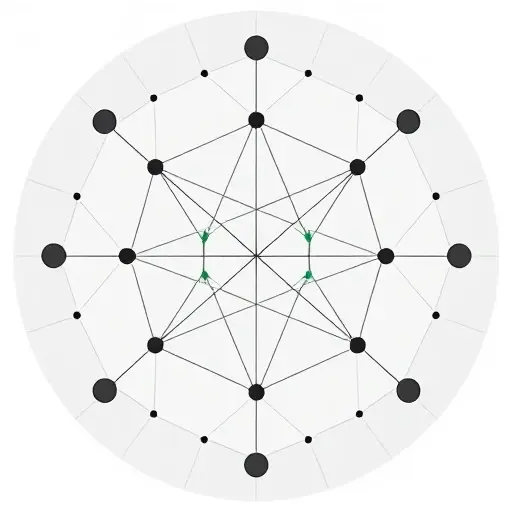 A visual representation of the Galois group concept, depicting abstract algebraic structures with symmetrical patterns and interconnected nodes. The image should illustrate the symmetry of roots in a field-theoretic context, using geometric shapes and lines to represent the relationships and transformations within the group. The overall composition should convey the formalization of symmetry in algebraic extensions.
