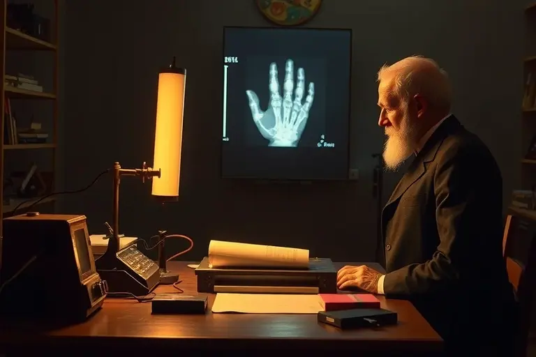 Wilhelm Conrad Röntgen in his laboratory, quietly observing the first X-ray image of his wife's hand on a fluorescent screen, with a cathode ray tube and early experimental equipment on the table, dim ambient lighting, historical 19th-century scientific atmosphere