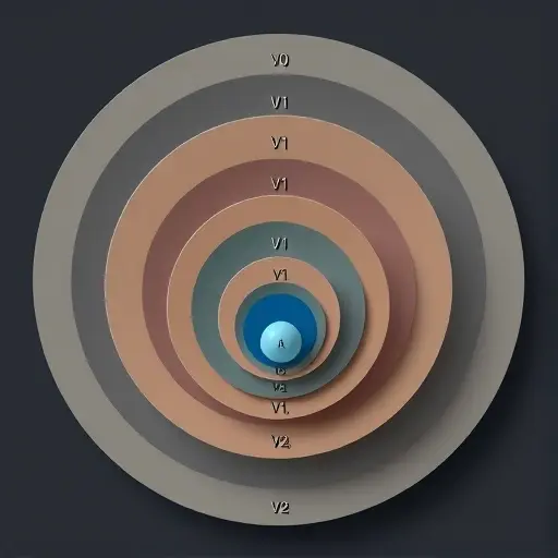 A visual representation of the cumulative hierarchy of sets in the von Neumann universe, illustrating the construction of classes Vα. The image should depict nested, layered circles or spheres, each representing a level of the hierarchy (V0, V1, V2, etc.), with each subsequent level containing all the elements of the previous levels. The layers should be color-coded or shaded to distinguish between different levels. The overall structure should convey the idea of an infinite, expanding hierarchy