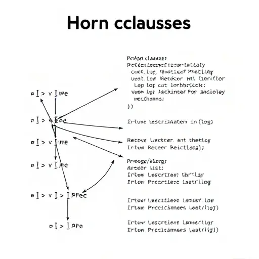 A visual representation of Horn clauses in logic programming, with interconnected nodes and arrows showing the logical relationships. The image should include a simple Prolog code snippet in the background to illustrate the principles of Prolog, such as predicate indexing and cut mechanisms. The overall style should be clean and technical, focusing on clarity and precision.