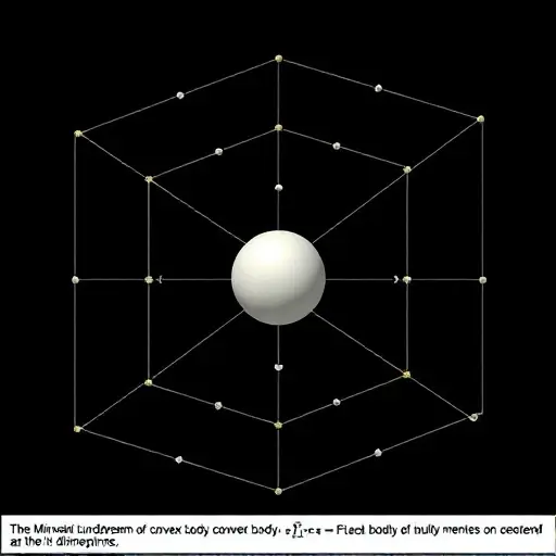 A geometric illustration of Minkowski's fundamental theorem on convex bodies, depicting a symmetric convex body in a multi-dimensional space with its lattice points. The image should show the convex body centered at the origin, with lattice points distributed around it. The body should be smooth and symmetric, with a clear boundary. The lattice points should be evenly spaced and form a grid-like structure around the convex body.