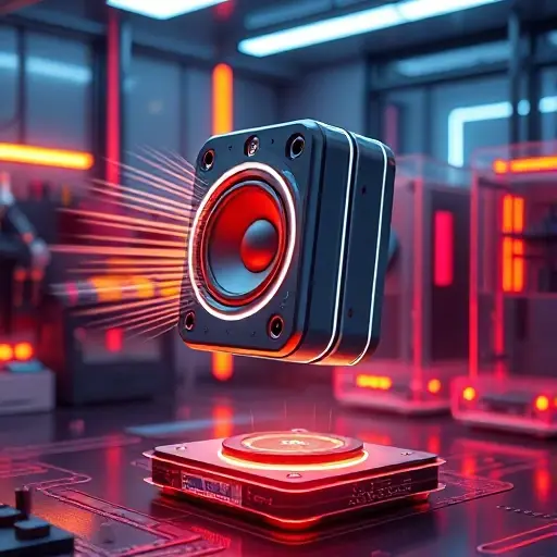 A futuristic speaker device that appears to defy physics, levitating and emitting visible sound waves or energy pulses, surrounded by subtle electric field distortions, in a high-tech laboratory setting with glowing circuitry and floating components, rendered in a sleek, minimalistic style with neon accents and transparent materials
