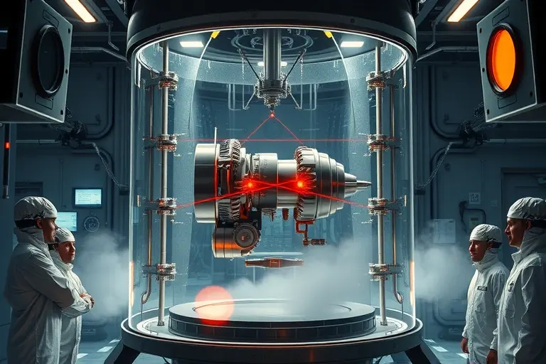 A high‑tech laboratory scene depicting a vacuum engine prototype undergoing rigorous testing: a sleek metallic engine core suspended in a large transparent vacuum chamber, surrounded by glowing pressure gauges, laser alignment beams, and sophisticated diagnostic equipment. Engineers in cleanroom suits observe the experiment from behind a glass barrier, their faces obscured by reflective visors. The atmosphere is intense, with subtle steam or mist effects indicating vacuum conditions, and the lig